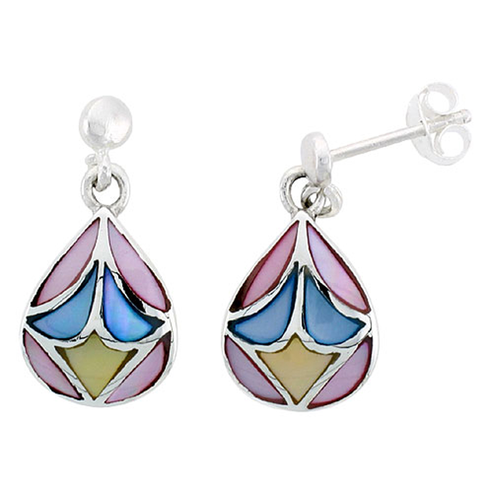 Sterling Silver Pear-shaped Pink, Blue & Light Yellow Mother of Pearl Inlay Earrings, 9/16" (15 mm) tall 