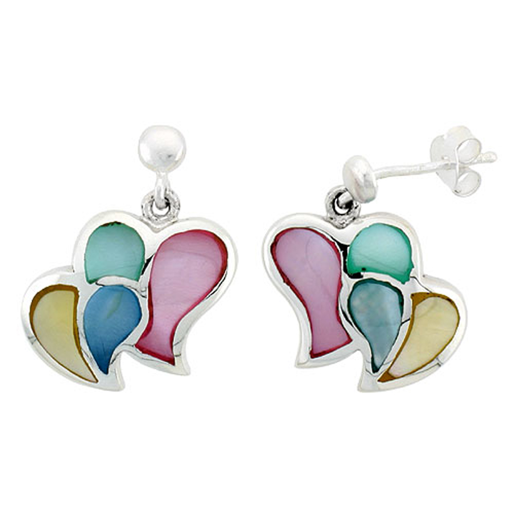 Sterling Silver Double Heart Pink, Blue, Green & Light Yellow Mother of Pearl Inlay Earrings, 5/8" (15 mm) tall 