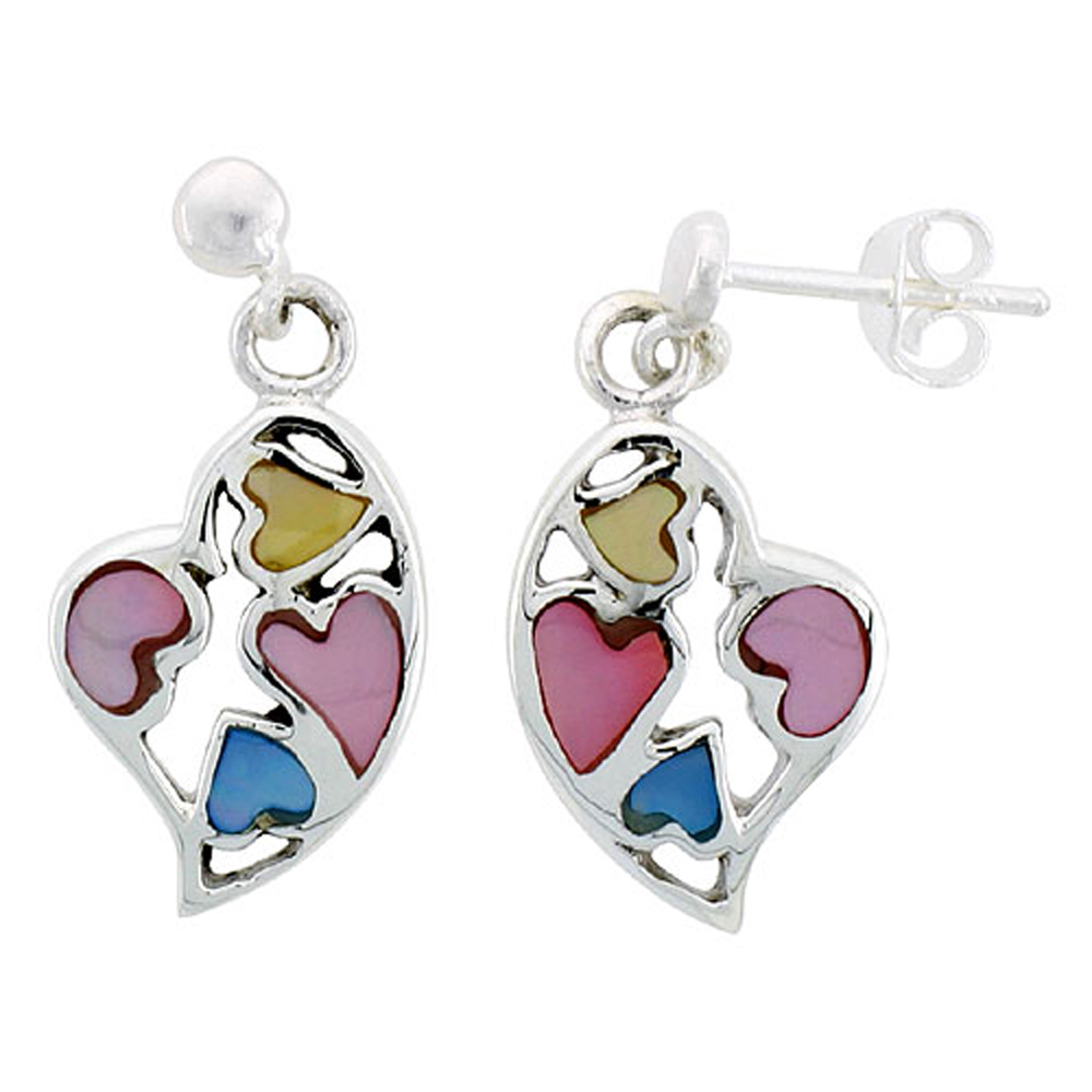 Sterling Silver Heart Pink, Blue & Light Yellow Mother of Pearl Inlay Earrings, 11/16" (17 mm) tall 