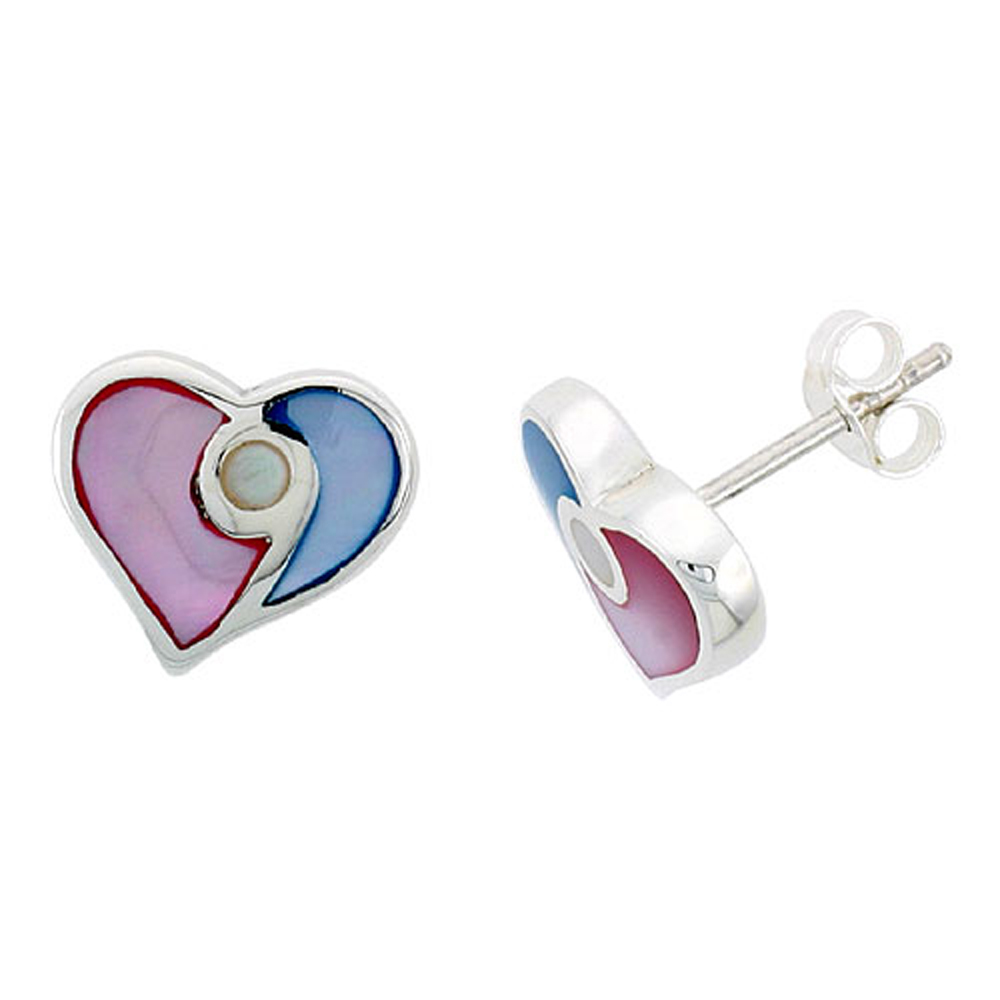 Sterling Silver Heart Pink & Blue Mother of Pearl Inlay Earrings, 1/2" (13 mm) tall 