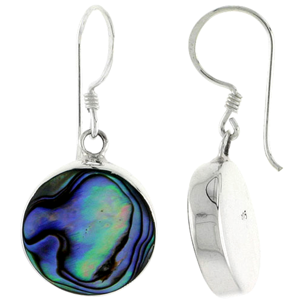 Sterling Silver Round Abalone Shell Inlay Earrings, 5/8" (15 mm) tall 