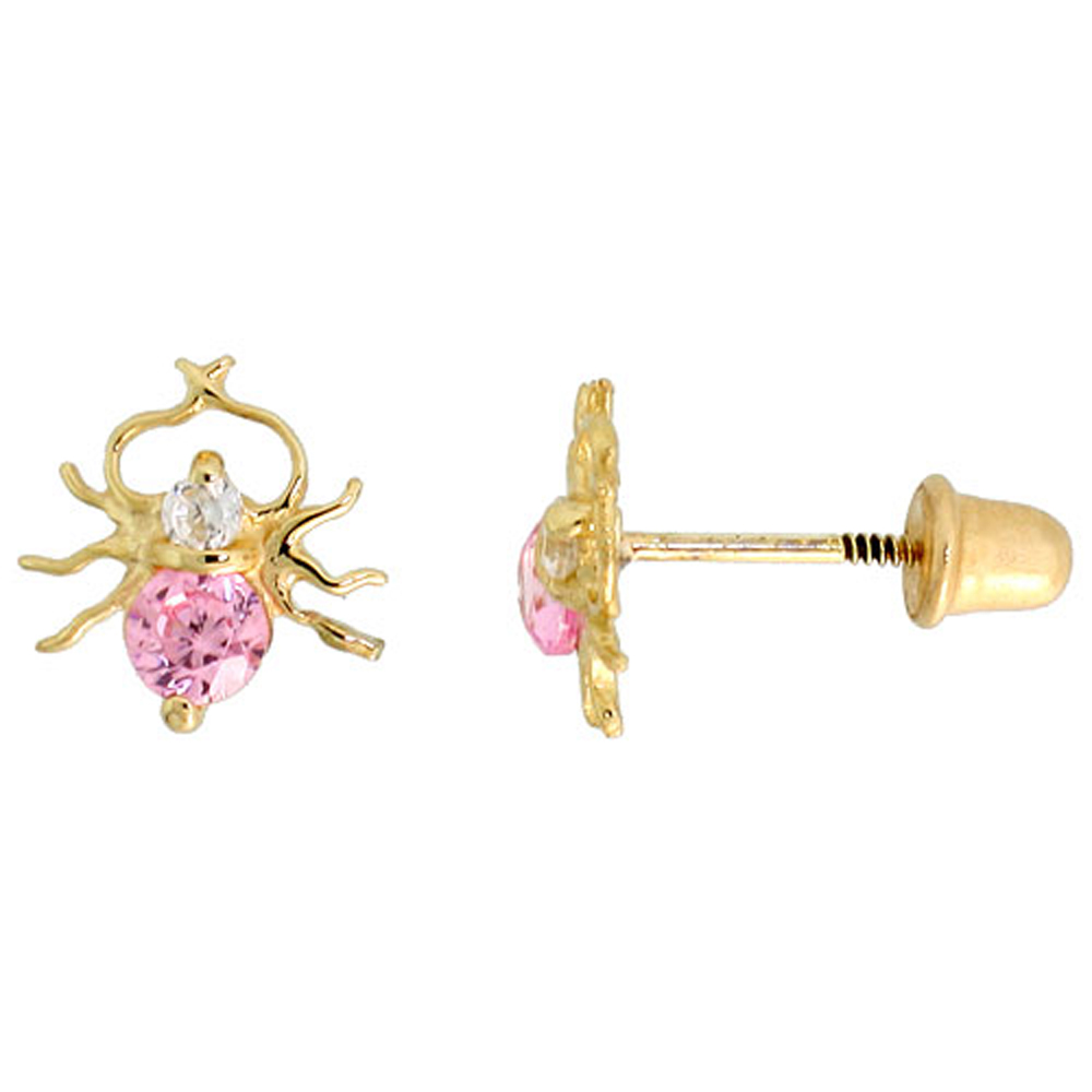 14K GOLD SPIDER STUD EARRINGS PINK & WHITE CUBIC ZIRCONIA STONES 5/16 INCH TALL
