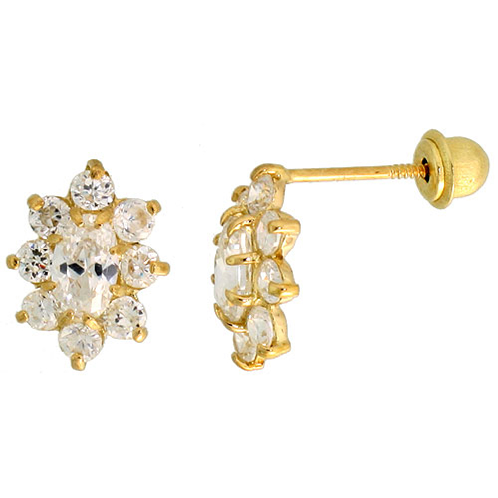 14K GOLD FLOWER STUD EARRINGS WHITE & WHITE CUBIC ZIRCONIA STONES 3/8 INCH TALL
