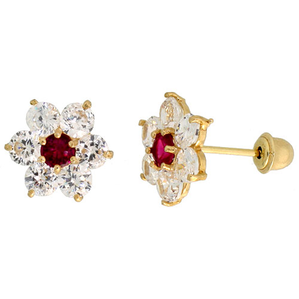 14K GOLD FLOWER STUD EARRINGS RED & WHITE CUBIC ZIRCONIA STONES 5/16 INCH TALL