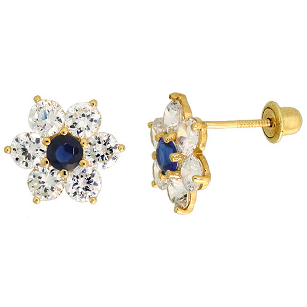 14k Gold Flower Stud Earrings Blue & white Cubic Zirconia Stones, 5/16 inch (9mm) 