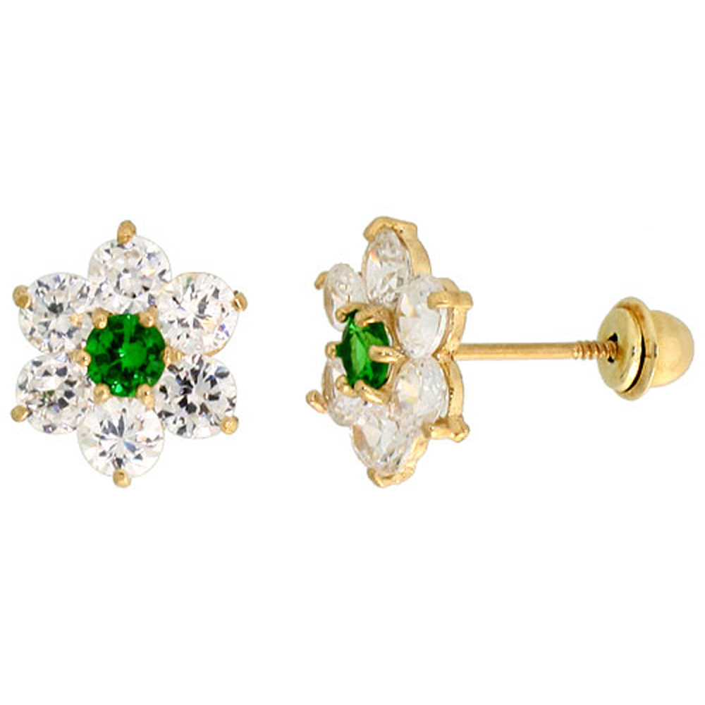 14K GOLD FLOWER STUD EARRINGS GREEN & WHITE CUBIC ZIRCONIA STONES 5/16 INCH TALL