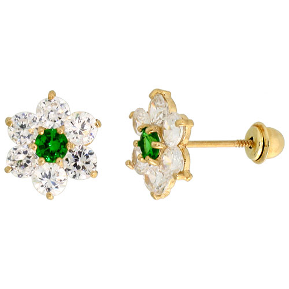 14k Gold Flower Stud Earrings Green & white Cubic Zirconia Stones, 5/16 inch (9mm) 