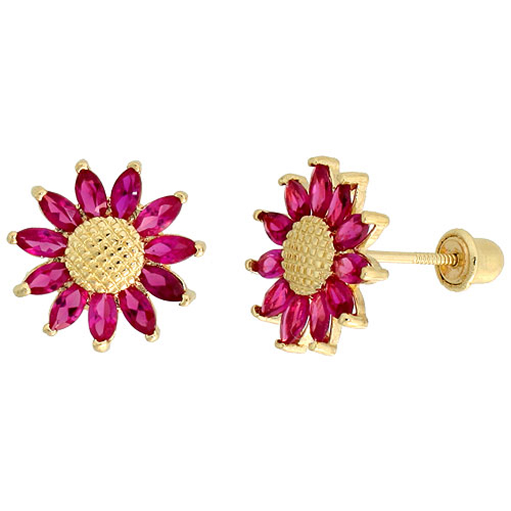 14K GOLD SUNFLOWER STUD EARRINGS RED CUBIC ZIRCONIA STONES 3/8 INCH TALL