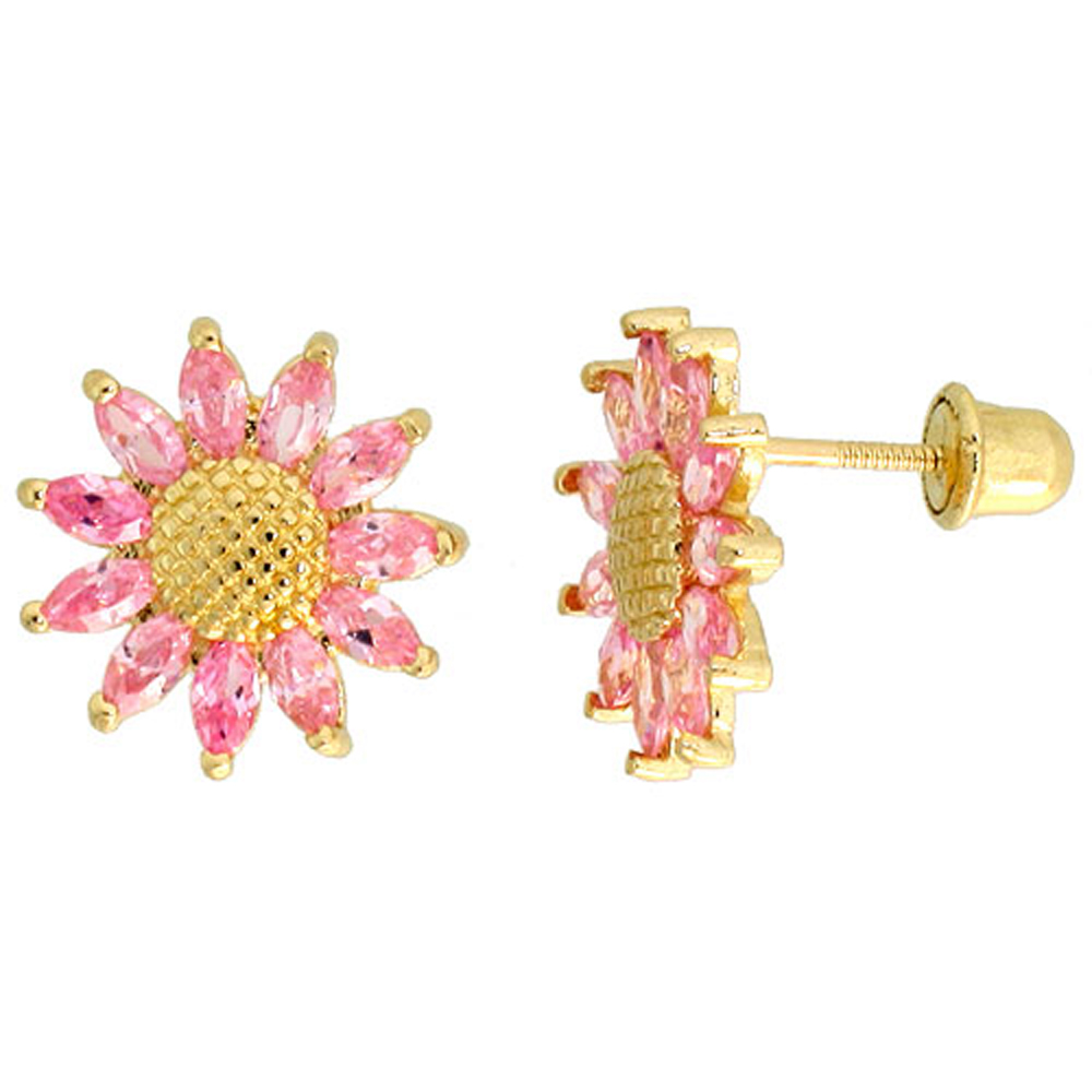 14K GOLD SUNFLOWER STUD EARRINGS PINK CUBIC ZIRCONIA STONES 3/8 INCH TALL