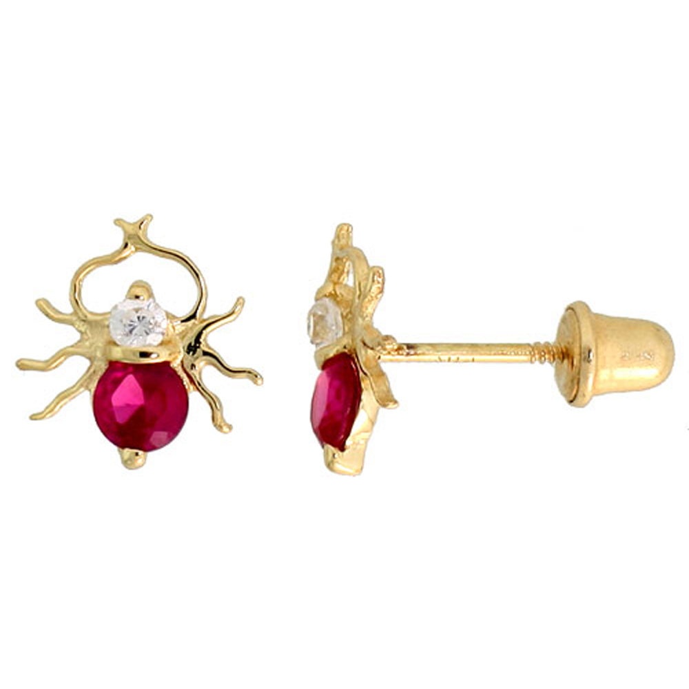 14K GOLD SPIDER STUD EARRINGS RED &amp; WHITE CUBIC ZIRCONIA STONES 5/16 INCH TALL
