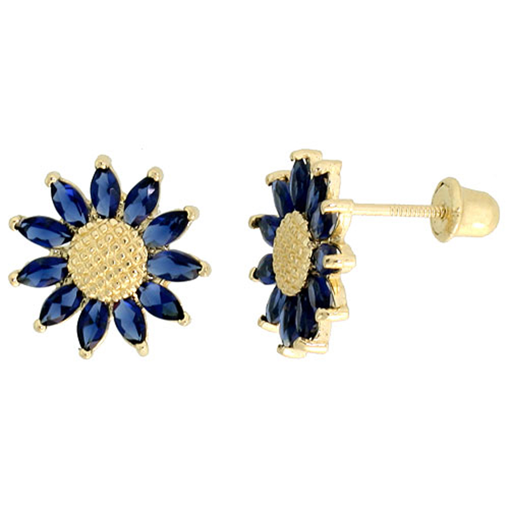 14k Gold Sunflower Stud Earrings Blue Cubic Zirconia Stones, 3/8 inch (10mm) 