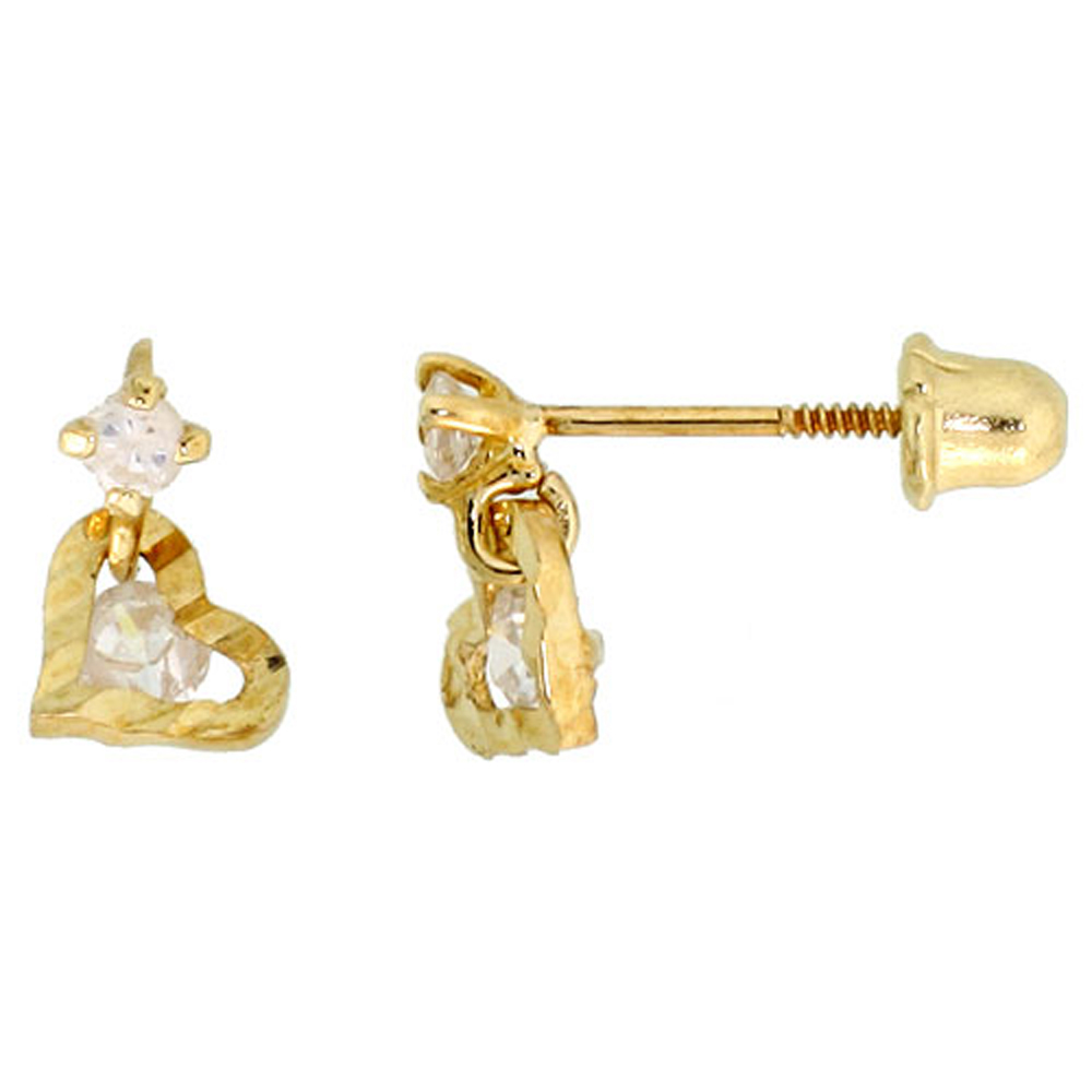 14k Gold Tiny Heart Stud Earrings White Cubic Zirconia Stones, 5/16 inch (8mm) 