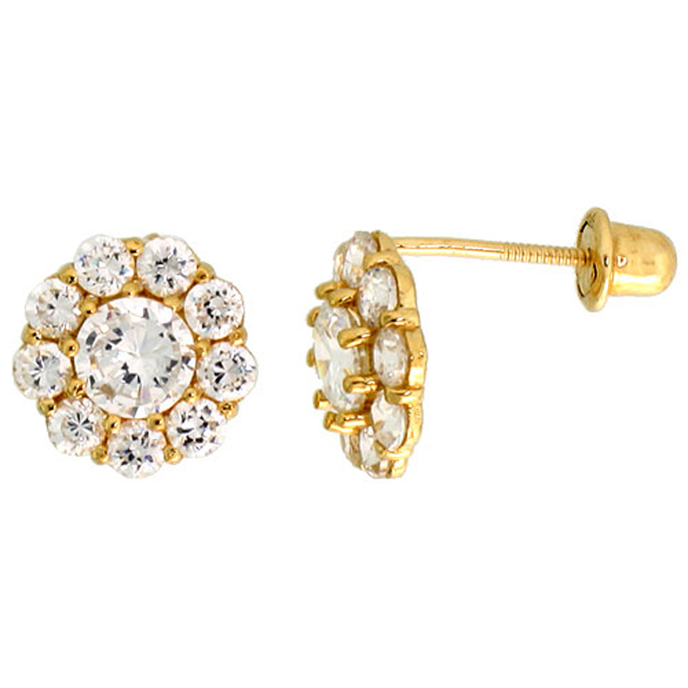 14K GOLD FLOWER STUD EARRINGS WHITE CUBIC ZIRCONIA STONES 5/16 INCH TALL