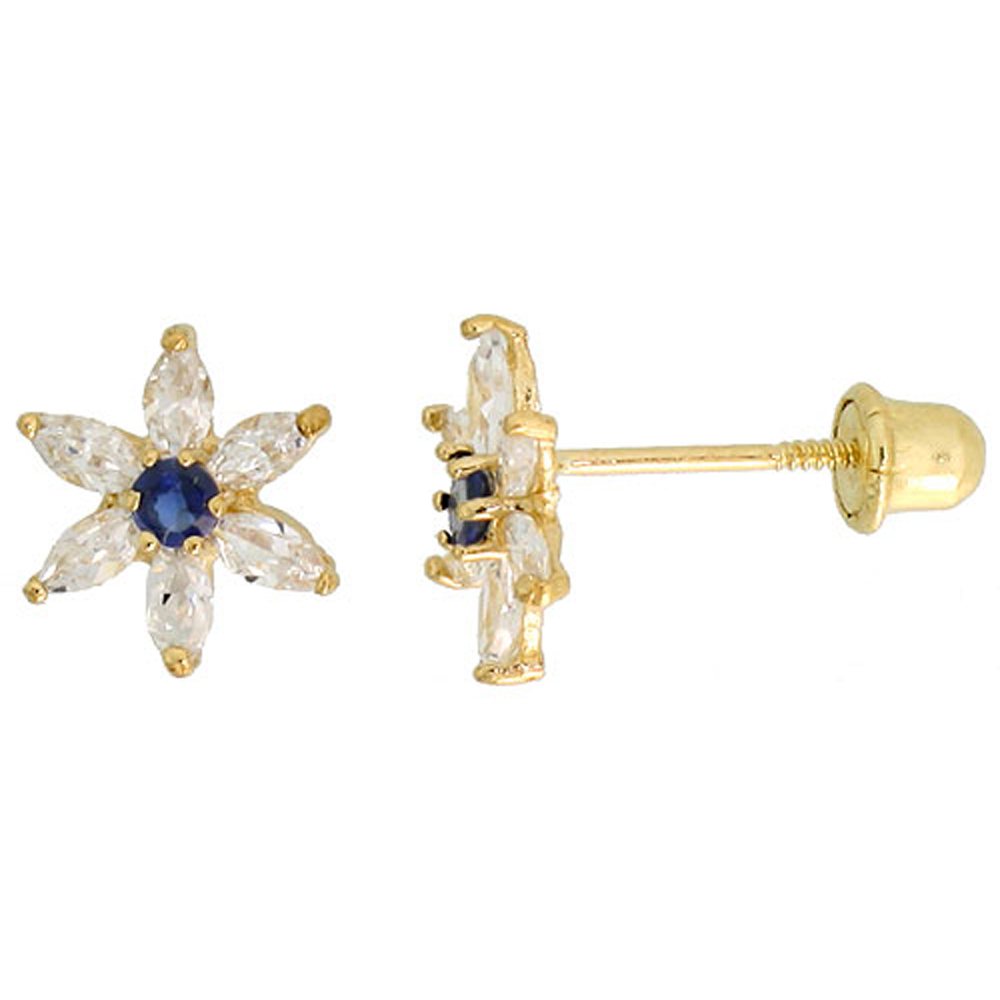14k Gold Flower Stud Earrings Blue & white Cubic Zirconia Stones, 5/16 inch (8mm) 