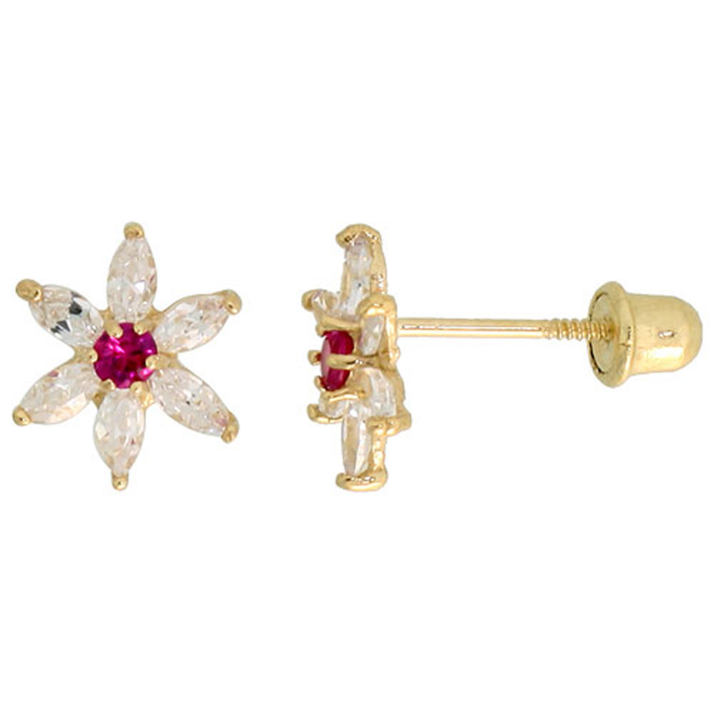 14K GOLD FLOWER STUD EARRINGS RED & WHITE CUBIC ZIRCONIA STONES 5/16 INCH TALL