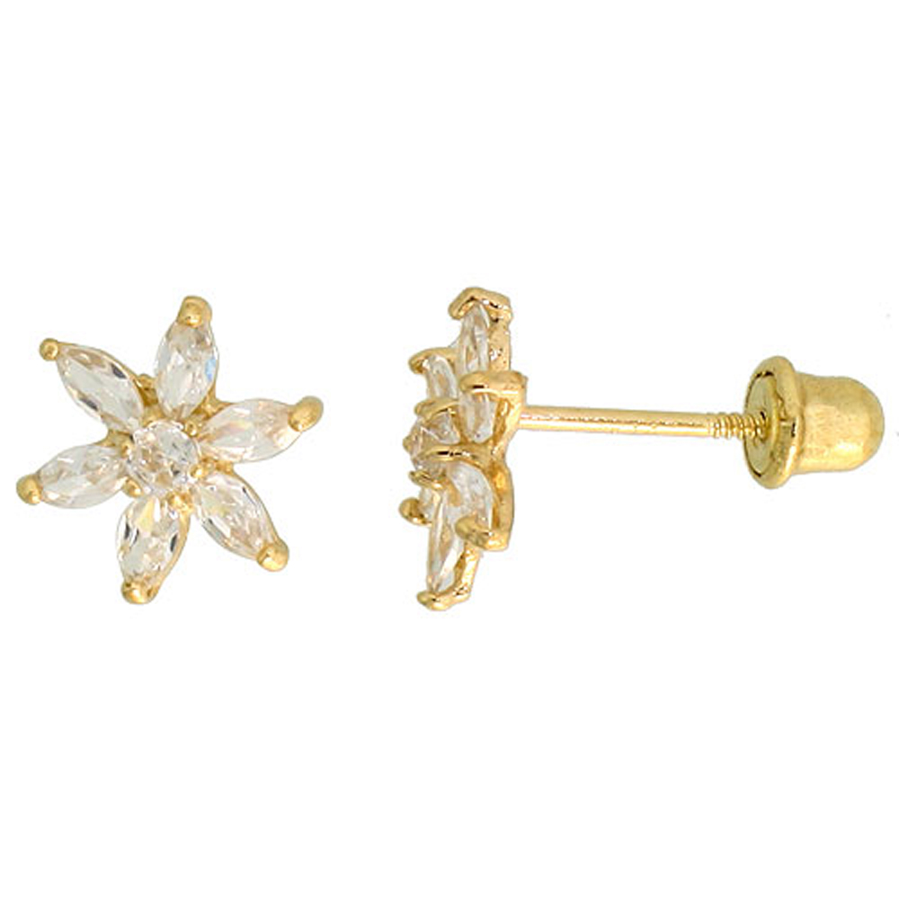 14K GOLD FLOWER STUD EARRINGS WHITE & WHITE CUBIC ZIRCONIA STONES 5/16 INCH TALL
