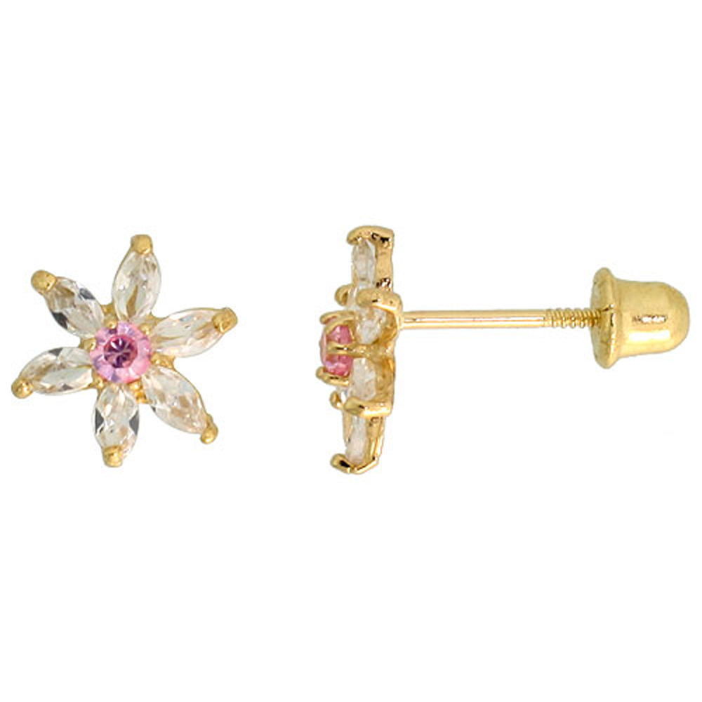 14K GOLD FLOWER STUD EARRINGS PINK & WHITE CUBIC ZIRCONIA STONES 5/16 INCH TALL