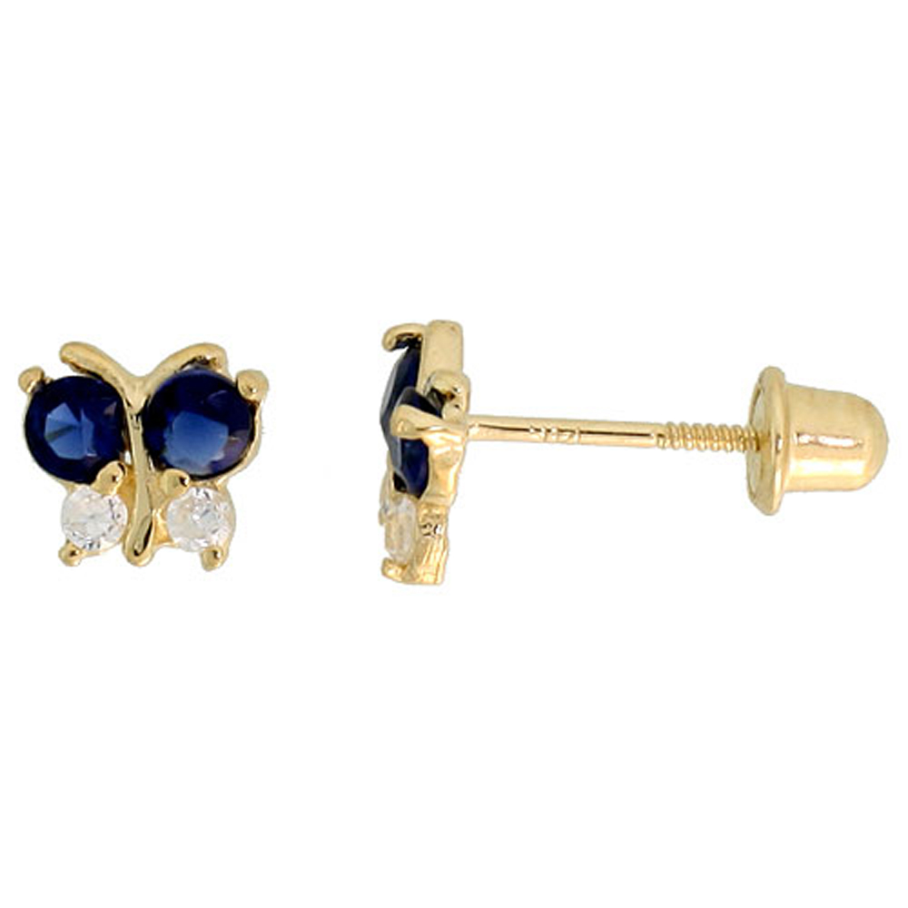 14K GOLD TINY BUTTERFLY STUD EARRINGS BLUE & WHITE CUBIC ZIRCONIA STONES 3/16 INCH TALL