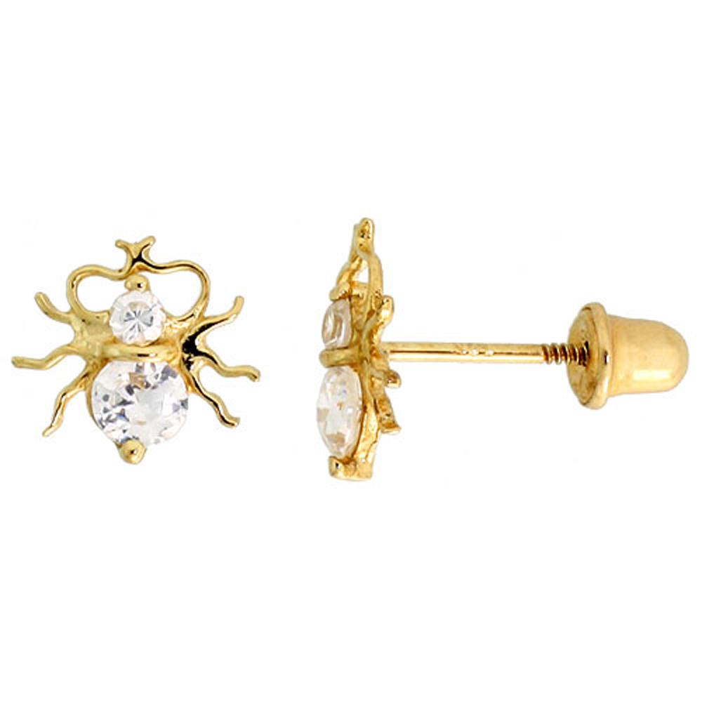 14k Gold Spider Stud Earrings White Cubic Zirconia Stones, 5/16 inch (8mm)