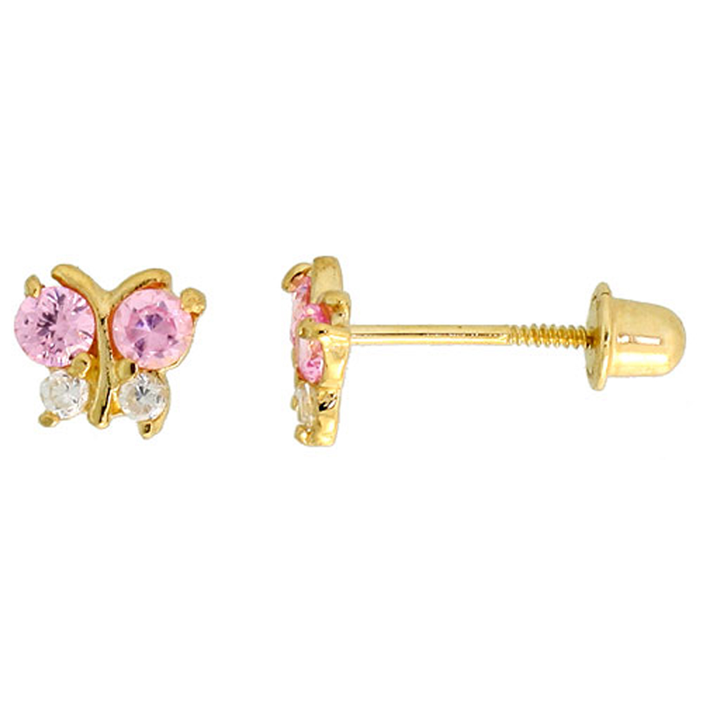 14K GOLD TINY BUTTERFLY STUD EARRINGS PINK & WHITE CUBIC ZIRCONIA STONES 3/16 INCH TALL
