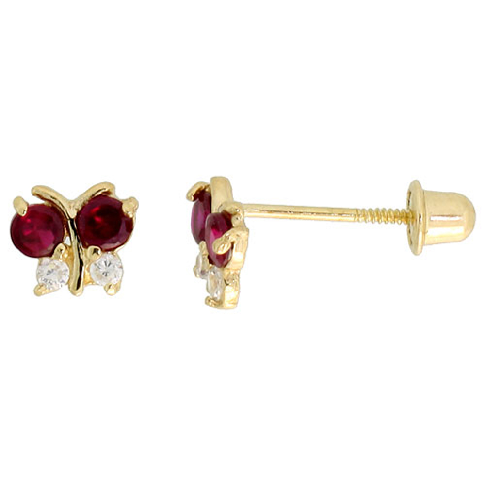 14K GOLD TINY BUTTERFLY STUD EARRINGS RED & WHITE CUBIC ZIRCONIA STONES 3/16 INCH TALL
