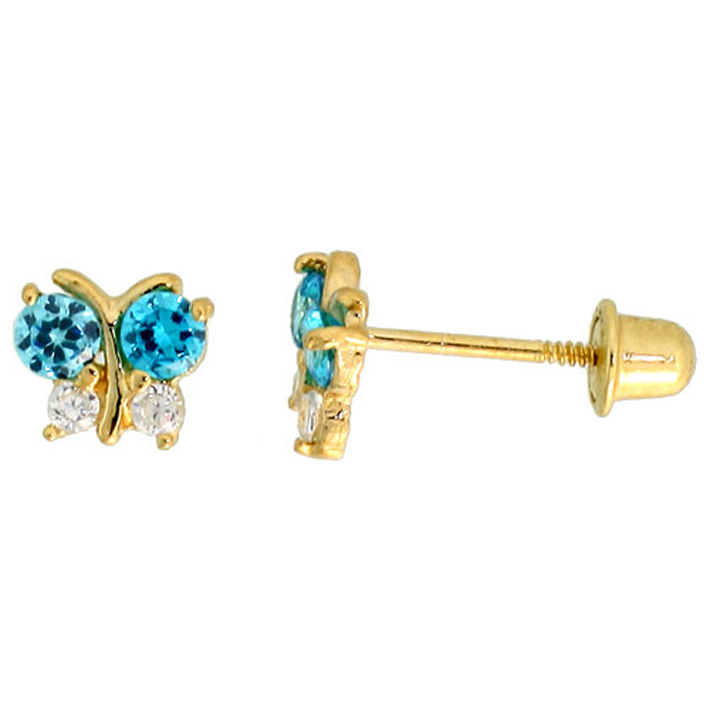 14K GOLD TINY BUTTERFLY STUD EARRINGS BLUE & WHITE CUBIC ZIRCONIA STONES 3/16 INCH TALL