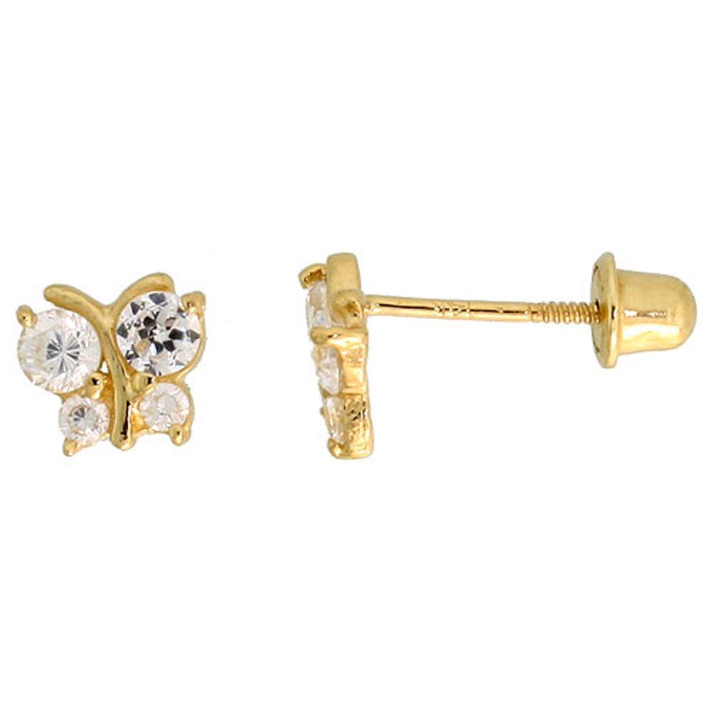 14K GOLD TINY BUTTERFLY STUD EARRINGS WHITE CUBIC ZIRCONIA STONES 3/16 INCH TALL
