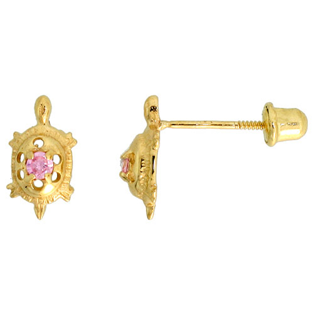 14k Gold Tiny Turtle Stud Earrings Pink Cubic Zirconia Stones, 3/8 inch (9mm) 