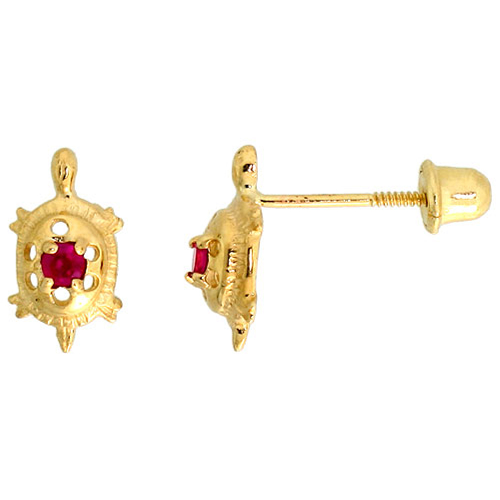14k Gold Tiny Turtle Stud Earrings Red Cubic Zirconia Stones, 3/8 inch (9mm) 