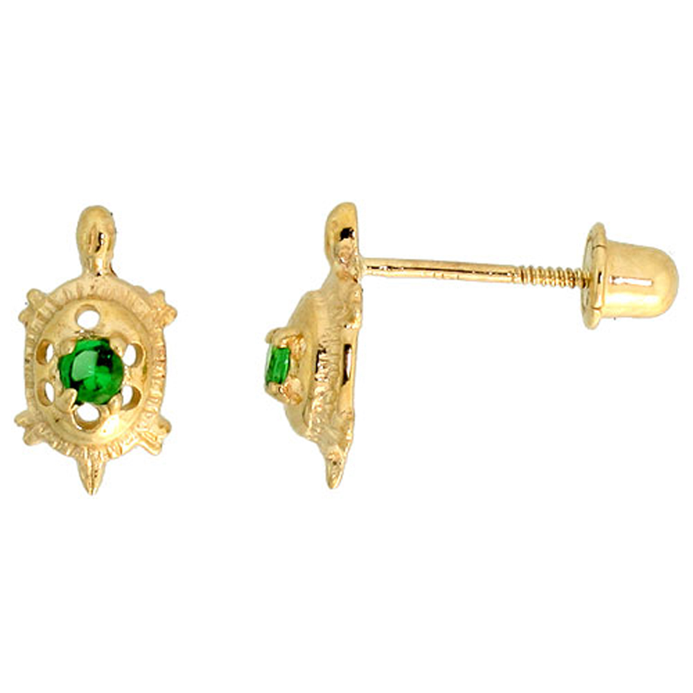 14k Gold Tiny Turtle Stud Earrings Green Cubic Zirconia Stones, 3/8 inch (9mm) 