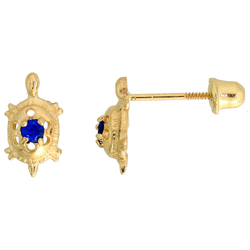 14k Gold Tiny Turtle Stud Earrings Blue Cubic Zirconia Stones, 3/8 inch (9mm) 