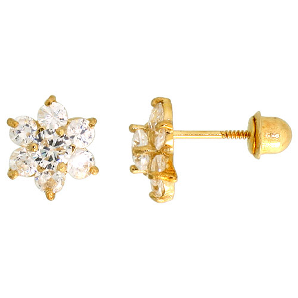 14k Gold Flower Stud Earrings White Cubic Zirconia Stones, 1/4 inch (7mm) 