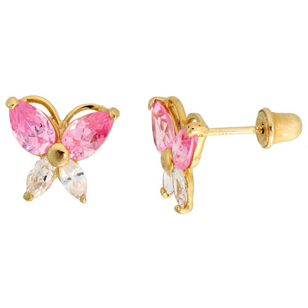 14K GOLD BUTTERFLY STUD EARRINGS PINK & WHITE CUBIC ZIRCONIA STONES 5/16 INCH TALL