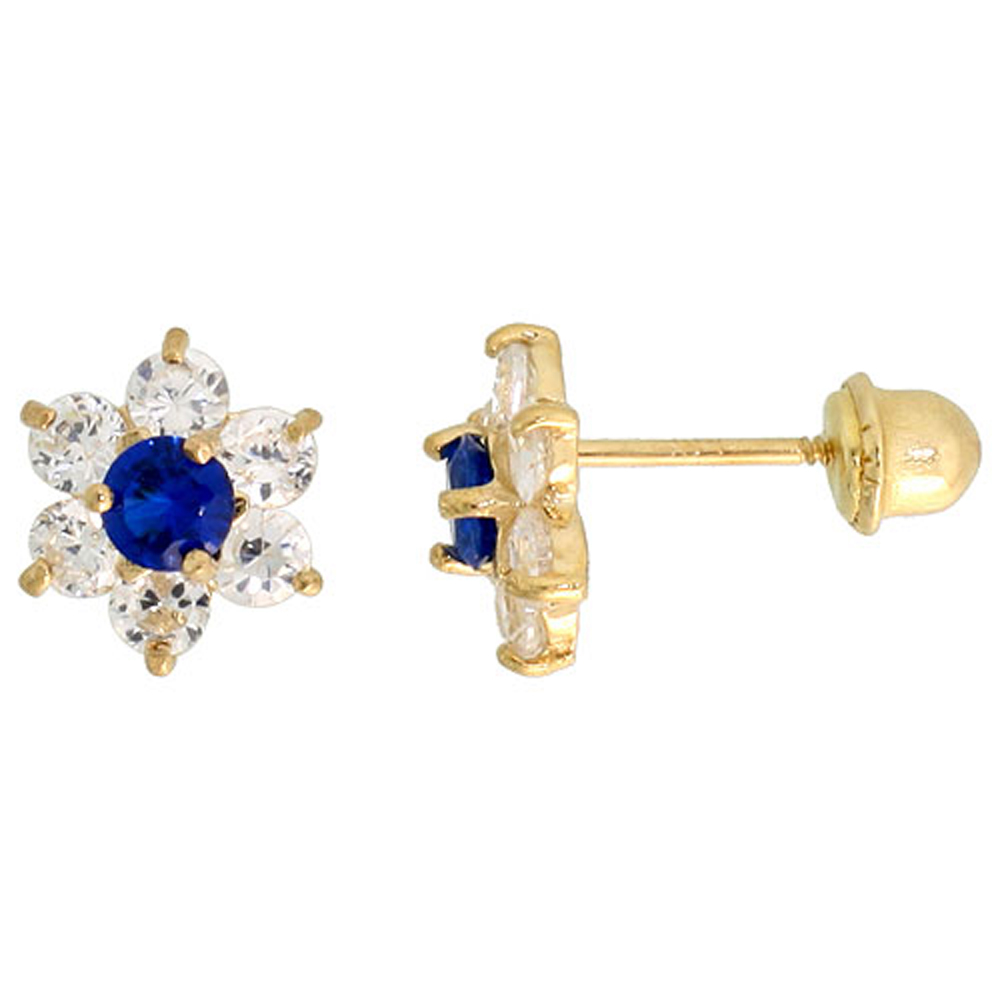 14k Gold Flower Stud Earrings Blue &amp; white Cubic Zirconia Stones, 1/4 inch (7mm)