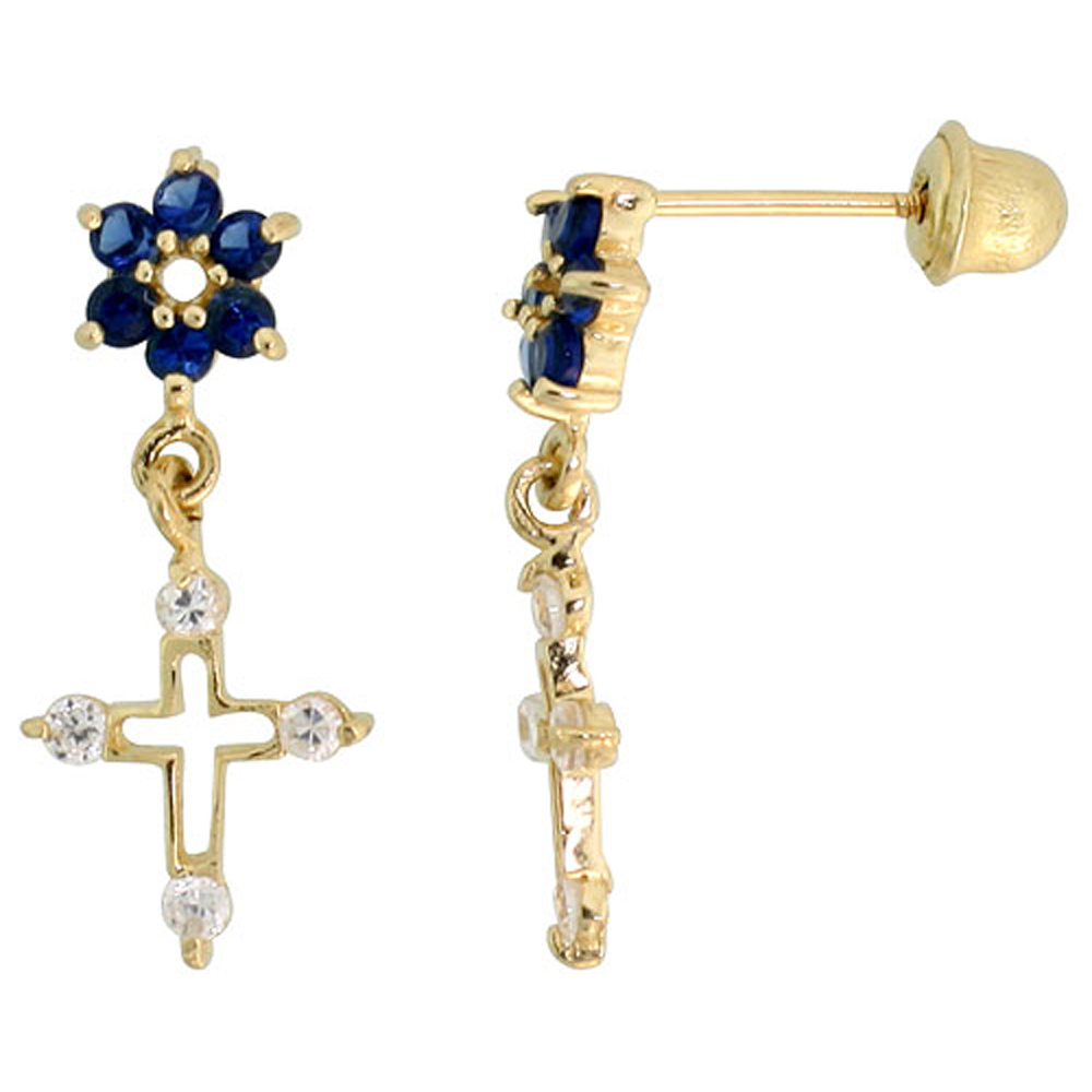 14k Gold Flower & Cross Dangling Earrings Blue & white Cubic Zirconia Stones, 11/16 inch (18mm) 