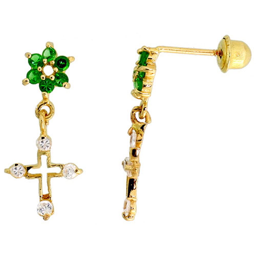 14k Gold Flower & Cross Dangling Earrings Green & white Cubic Zirconia Stones, 11/16 inch (18mm) 