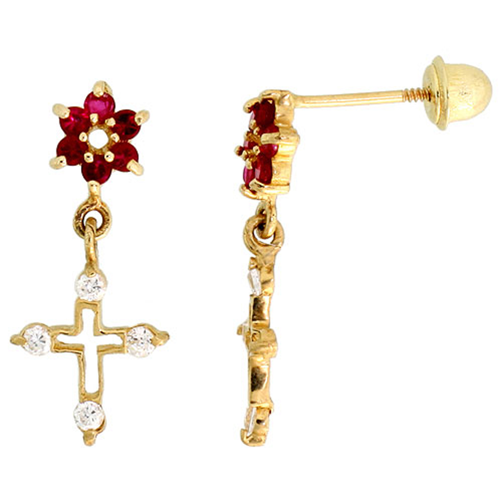 14k Gold Flower & Cross Dangling Earrings Red & white Cubic Zirconia Stones, 11/16 inch (18mm) 