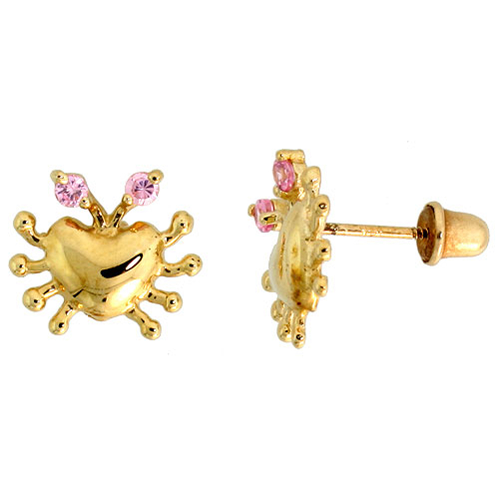 14k Gold Tiny Crab Stud Earrings Pink Cubic Zirconia Stones, 3/8 inch (9mm) 