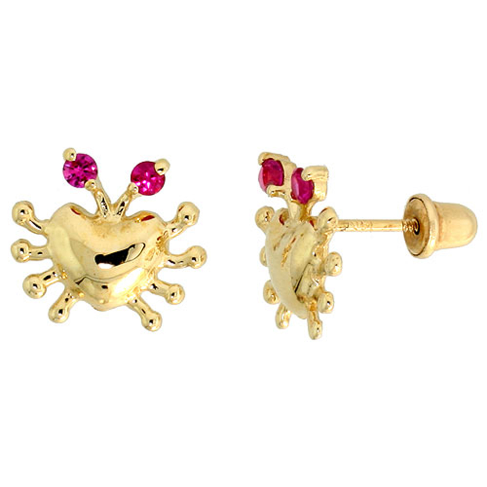 14k Gold Tiny Crab Stud Earrings Red Cubic Zirconia Stones, 3/8 inch (9mm) 