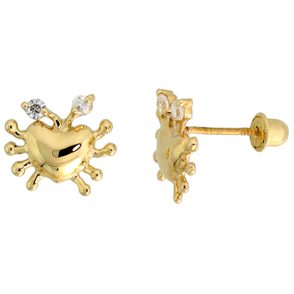 14k Gold Tiny Crab Stud Earrings White Cubic Zirconia Stones, 3/8 inch (9mm) 