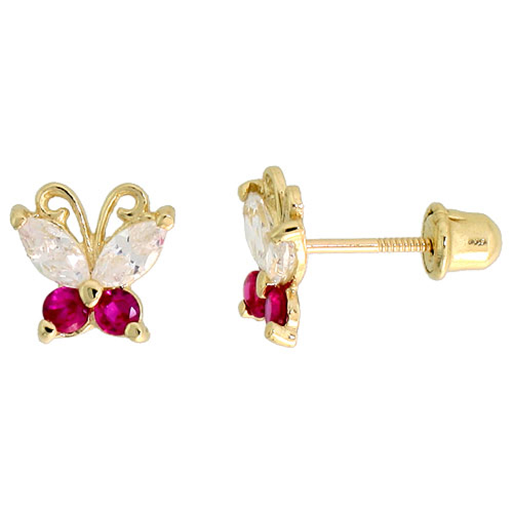 14k Gold Tiny Butterfly Stud Earrings Red & white Cubic Zirconia Stones, 1/4 inch (7mm) 