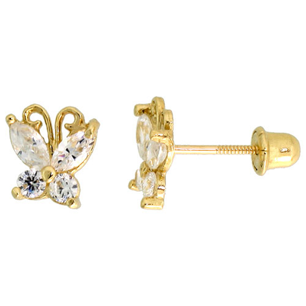 14k Gold Tiny Butterfly Stud Earrings White &amp; white Cubic Zirconia Stones, 1/4 inch (7mm) 