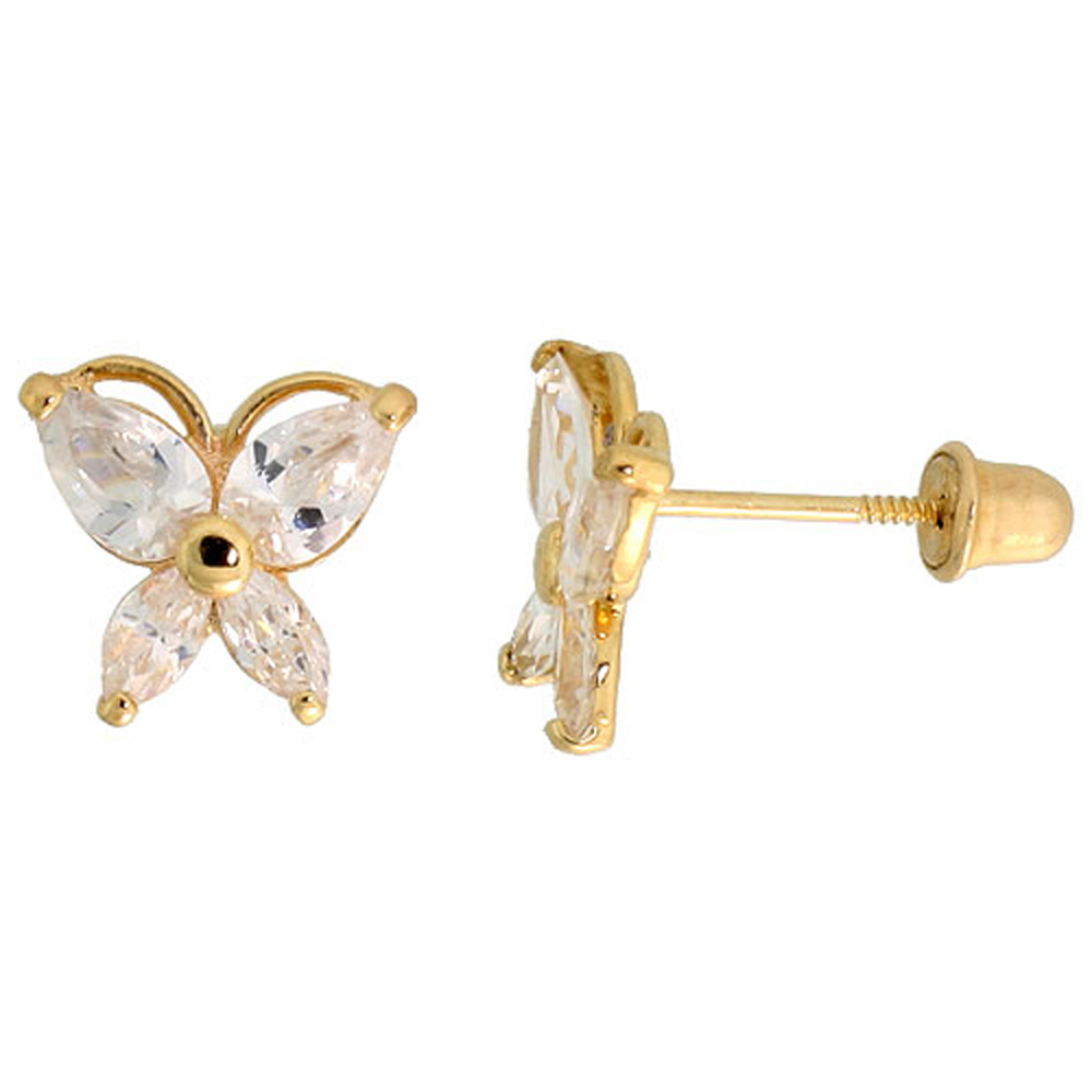 14k Gold Butterfly Stud Earrings White &amp; white Cubic Zirconia Stones, 5/16 inch (8mm) 