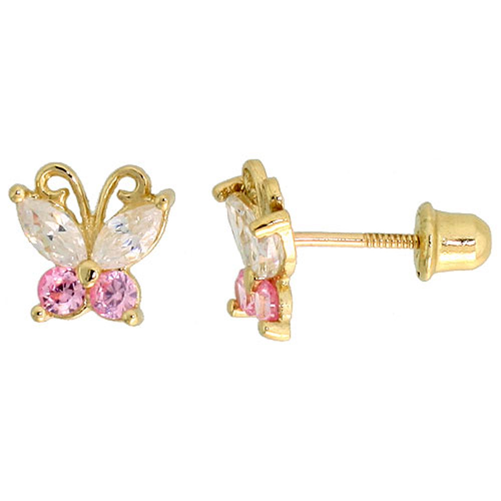 14k Gold Tiny Butterfly Stud Earrings Pink & white Cubic Zirconia Stones, 1/4 inch (7mm) 