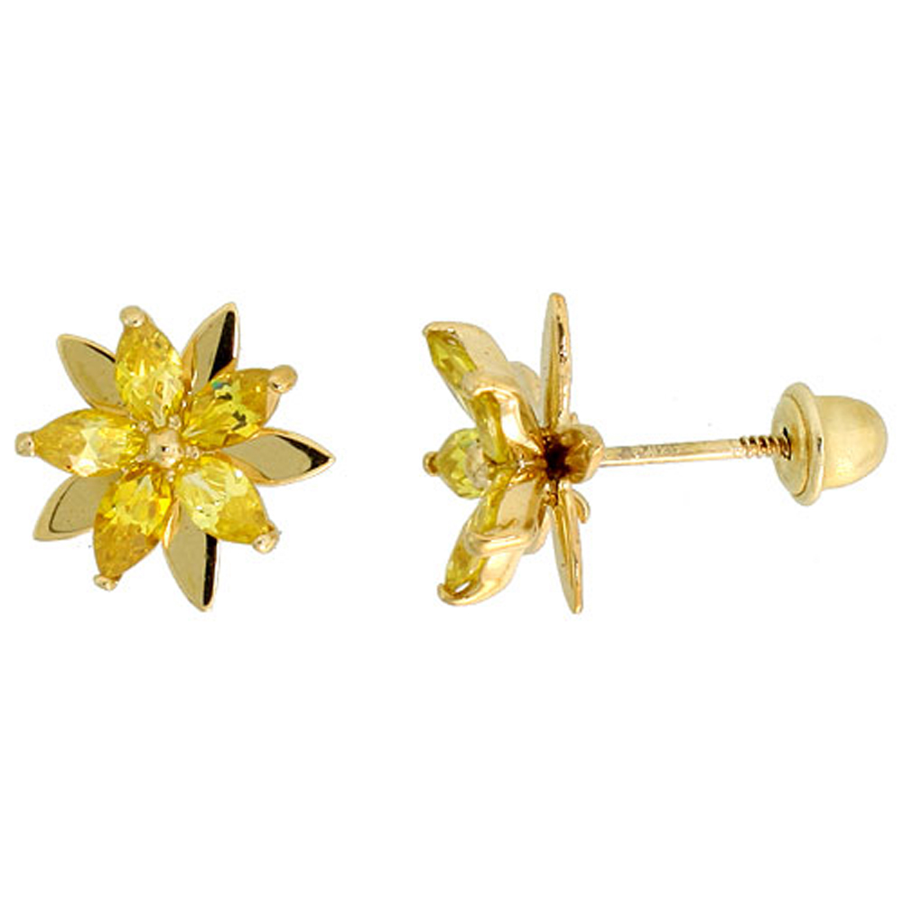 14k Gold Flower Stud Earrings Yellow Cubic Zirconia Stones, 3/8 inch (9mm) 