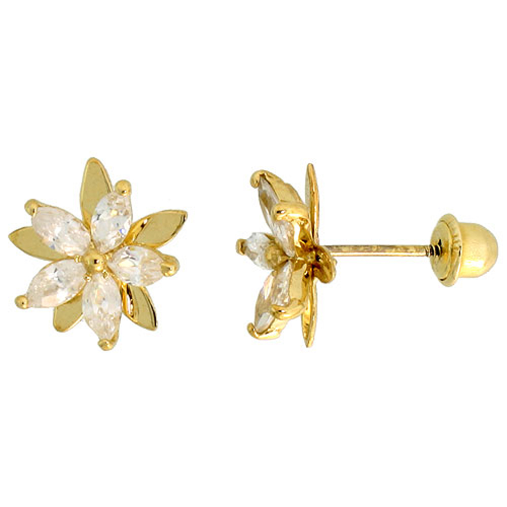 14k Gold Flower Stud Earrings White Cubic Zirconia Stones, 3/8 inch (9mm) 