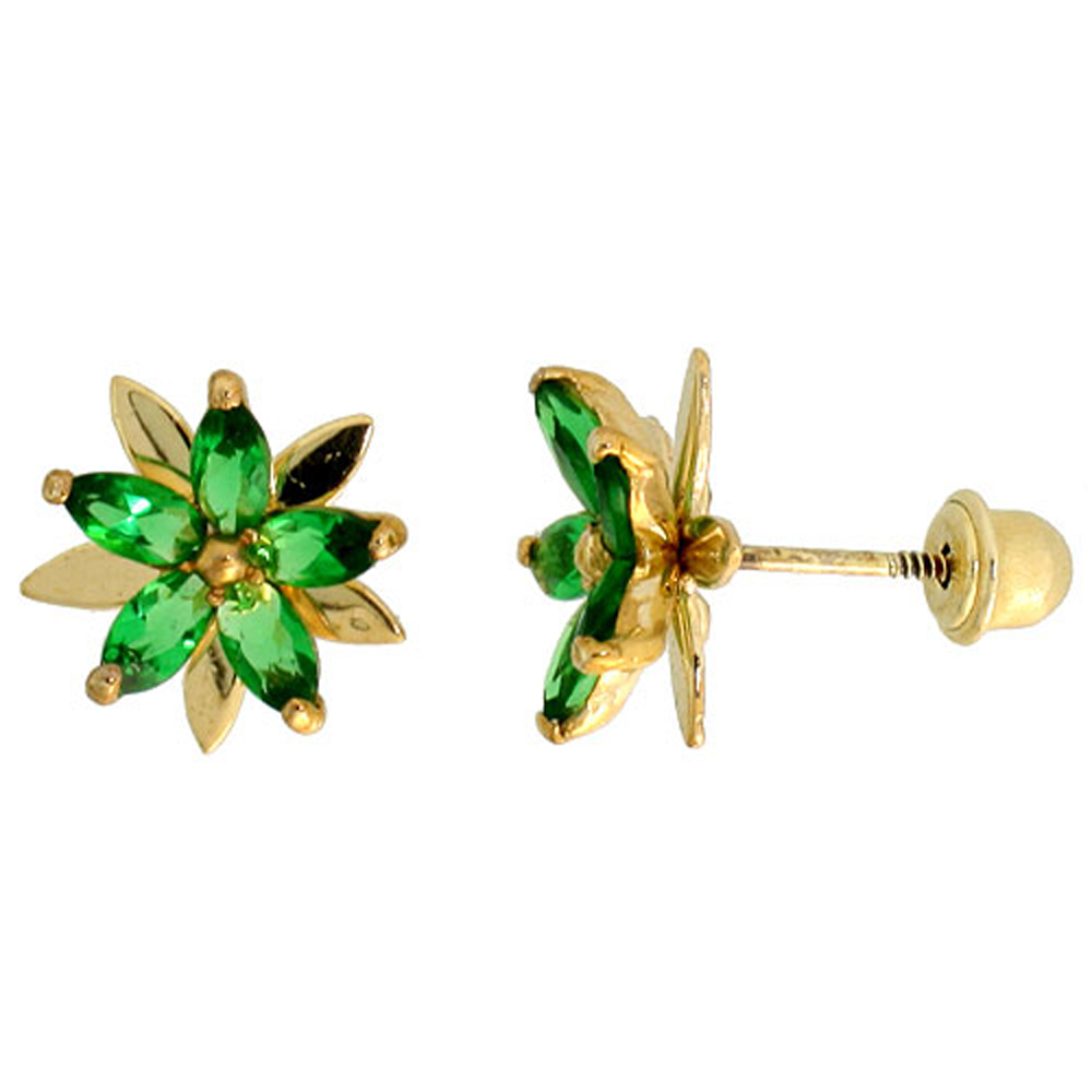 14k Gold Flower Stud Earrings Green Cubic Zirconia Stones, 3/8 inch (9mm) 