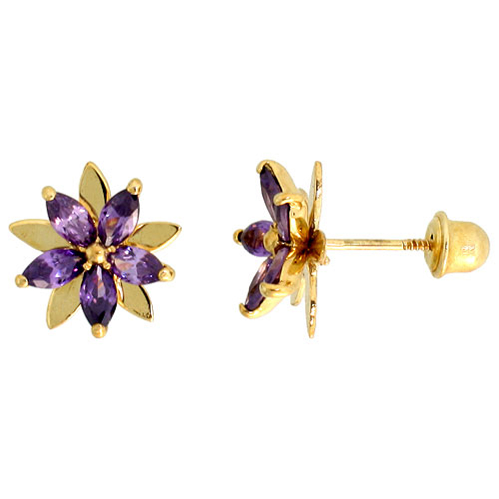 14k Gold Flower Stud Earrings White Cubic Zirconia Stones, 3/8 inch (9mm) 