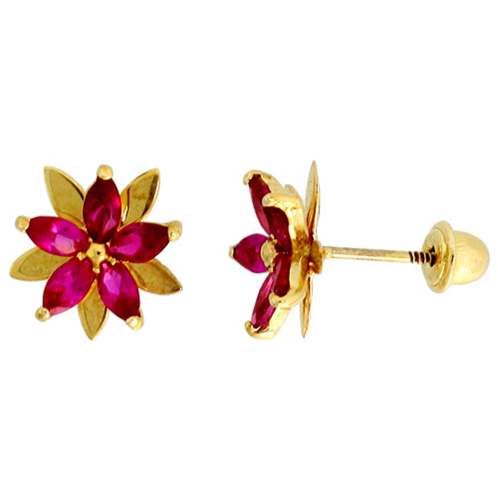14k Gold Flower Stud Earrings Red Cubic Zirconia Stones, 3/8 inch (9mm)