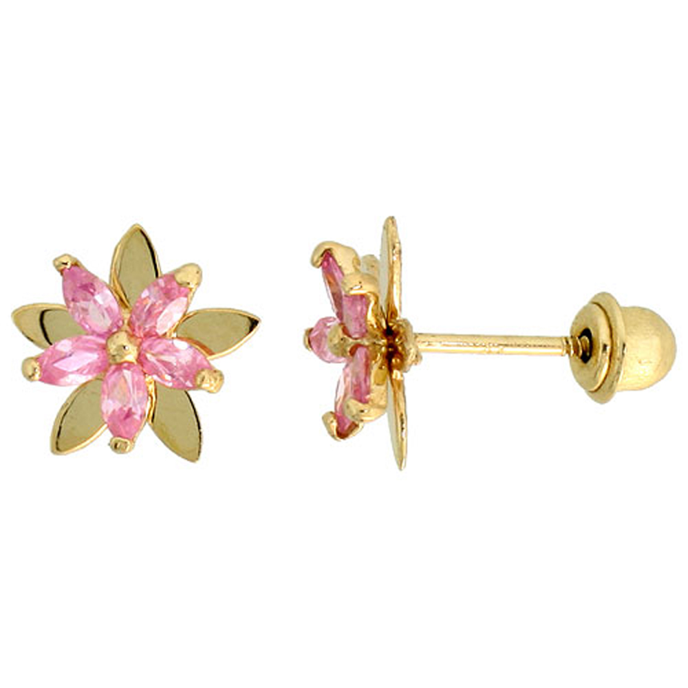 14k Gold Flower Stud Earrings Pink Cubic Zirconia Stones, 5/16 inch (8mm) 